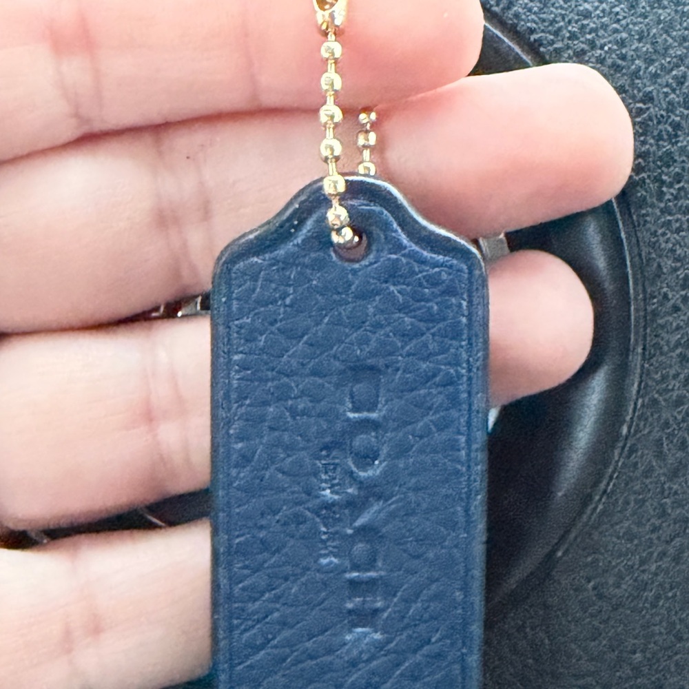 Coach Dark Blue Leather Keychain with Gold Chain